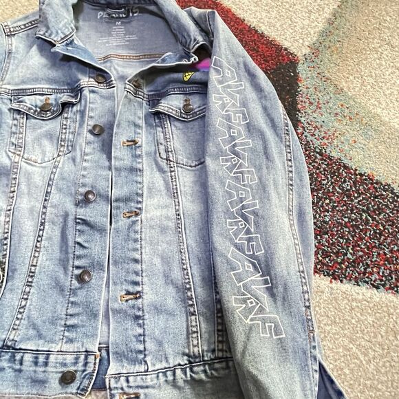 Peanuts Global Artist AVAF Denim Jean Jacket Stretch Charlie Brown Graphic Sz M - Picture 5 of 6